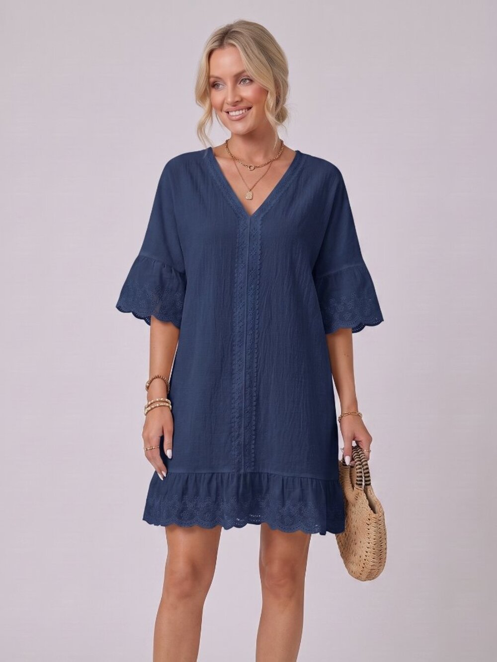 Women's Navy V-Neck Mini Dress Ruffle Hem Embroidered Trim Casual Vacation - Picture 1 of 3